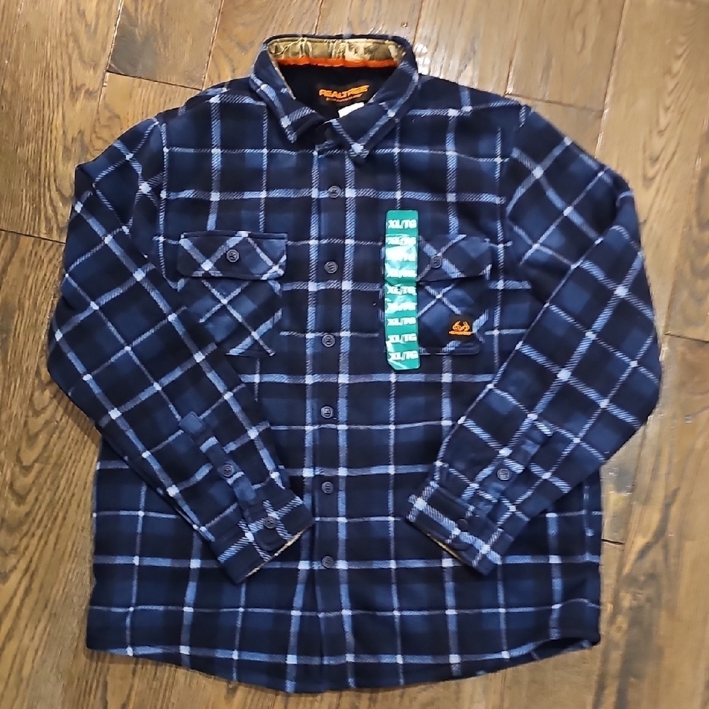 Realtree Navy and White Plaid Button-Down Shacket